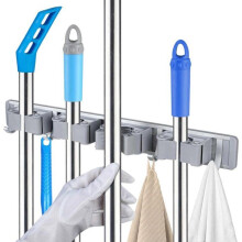 Suporte para vassoura - Sistema para pendurar vassouras - 5 ganchos e 4 presilhas - Sistema para pendurar ferramentas de jardim - Suporte
