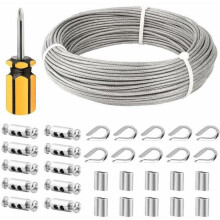 3 mm x 50 m kabel i rostfritt stål – 304 rostfritt stål med PVC-beläggning – Korrosionsbeständig – M3-hylsor och kabelskor ingår