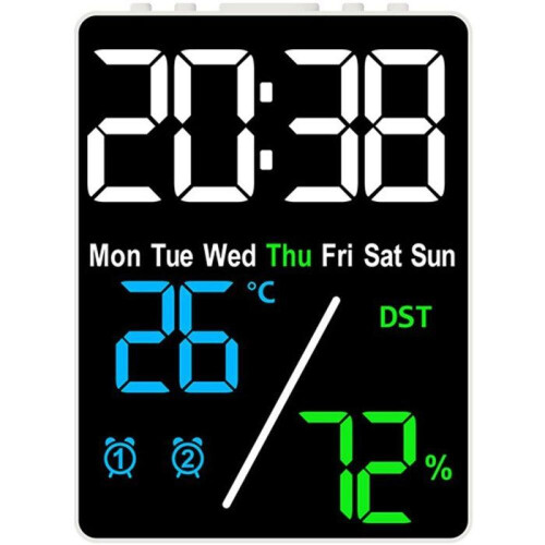 Digital desk alarm clock with temperature, humidity and date display, small size, adjustable brightness, shape...