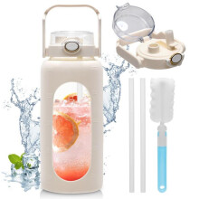 1900ML Glass Water Bottle with Straw and Handle, Time Marker and Silicone Sleeve, BPA-Free Reusable Glass Water Bottle