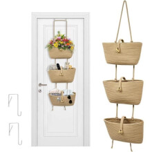 Cesto de armazenamento para porta suspenso, 3 cestos suspensos em corda trançada, cesto decorativo de parede para flores e armazenamento.
