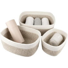 Cesto de armazenamento em algodão trançado - Branco e marrom - Conjunto de 3 cestos multiuso empilháveis