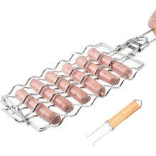 Cesto para salsichas em aço inoxidável para churrasco - 6 grelhas para cachorro-quente com cabo de madeira removível - Acessório para churra