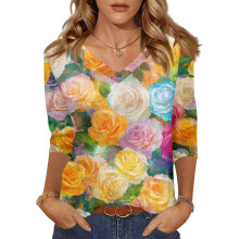 Women 3/4 Sleeve V-Neck Casual Outing Shirt Loose Fit-Yellow S