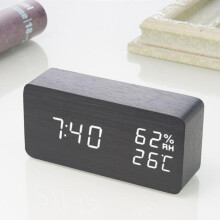 Despertador luminoso recarregável, relógio LED criativo de madeira, relógio digital com temperatura e umidade, madeira preta.