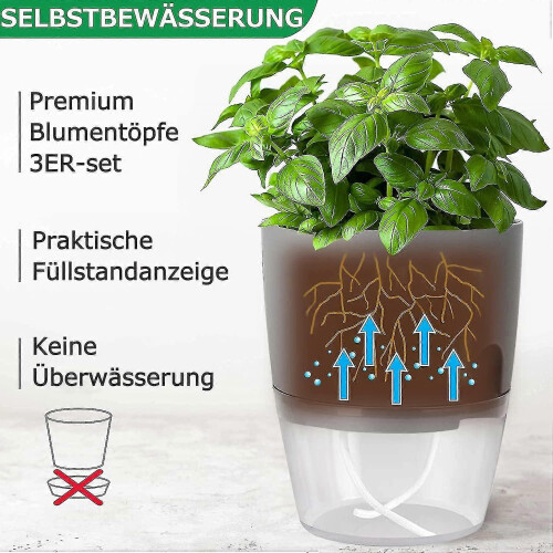 Herb Pot Kitchen Set of 3, Self-Watering Windowsill Planter with Automatic Irrigation System, Grey 2