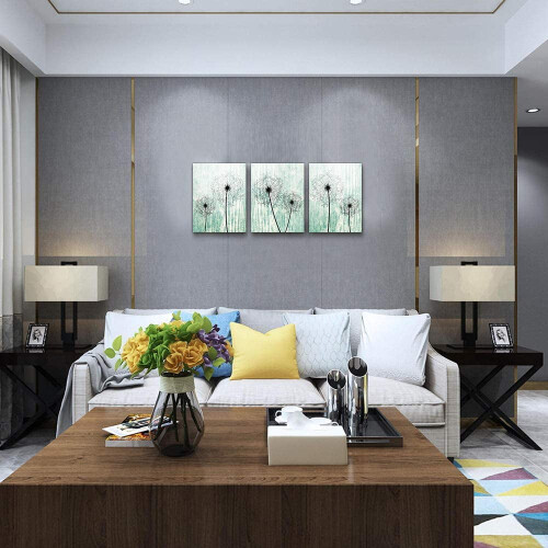 Ensemble de 3 toiles décoratives représentant des pissenlits vert clair. 2