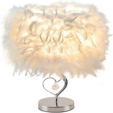 Lampe de table moderne en plumes, abat-jour en plumes avec cœur en cristal et base en métal pour chambre à coucher