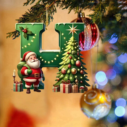 Santa Claus Initial Pendant H with Christmas Tree Green 2