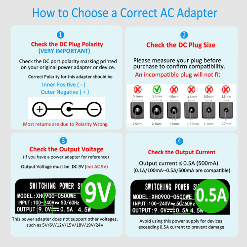 Security-01 DC 9V 0.5A Power Supply Adapter, Plug 5.5mm x 2.1mm, Center Negative 1