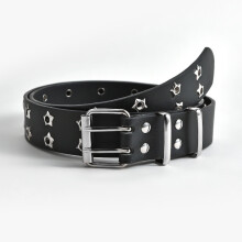 Wide belt with double row of holes decorated with star eyes Black