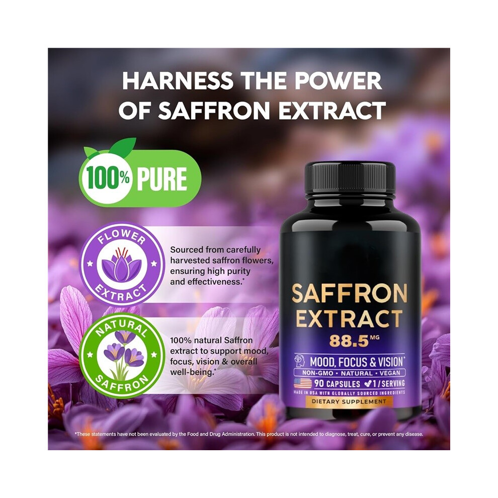 (2pcs) Saffron Supplements-Pure Saffron Extract 88.5mg-Mood|Focus|Vision|Energy Support- 90 Powder Capsules
