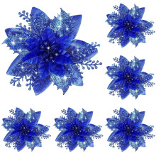 12 poinsettias en tissu bleu de 14,5 cm avec pinces