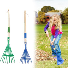 Râteau à gazon pour enfants avec manche en bois dur, 71 cm (28 pouces), bleu