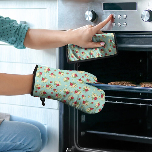 Conjunto de 2 luvas de forno com estampa floral, 19,5 x 30,5 cm (7,7 x 12 polegadas). 1