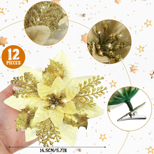 Kunstige glitter julestjerneblomster med klips (12 stk.) 2