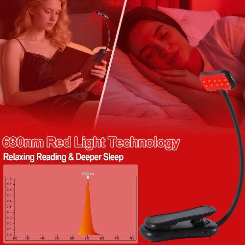 Lampe de lecture LED rouge 630 nm – À pince, rechargeable, à intensité variable 1