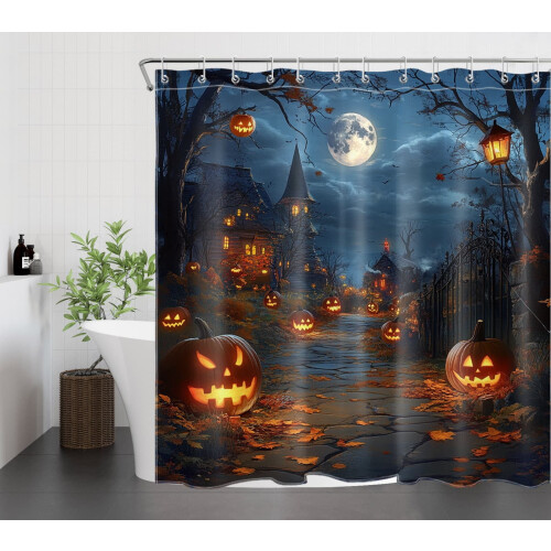 Halloween-Duschvorhang mit Kürbis und Ahornblatt, 1