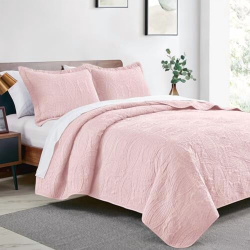 Cal King dekbedset 3-delig roze met muntpatroon polyester 1