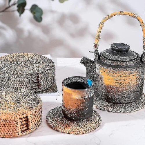 Rattan Coaster with Stand Storage Box Handmade Tea Cup Round Edge Coaster Suitable For 1
