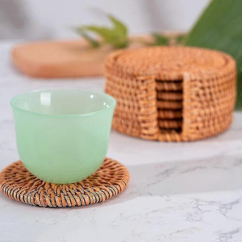 Rattan Coaster with Stand Storage Box Handmade Tea Cup Round Edge Coaster Suitable For 2
