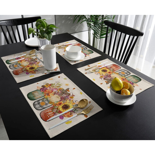 Herfst placemats set van 4 – Bloemenvaas pompoen design 2
