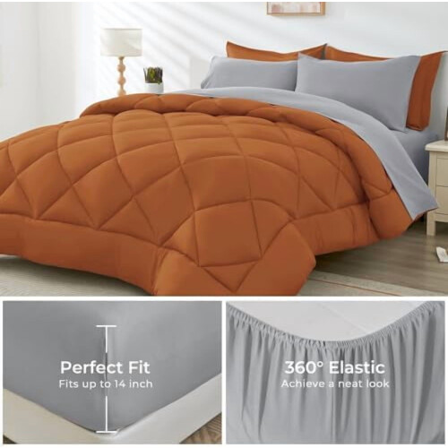 Queen Comforter Set Ultra Soft Orange Light Grey 7-Piece 2