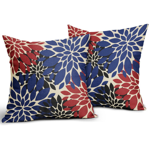 Conjunto de 2 capas de almofada com estampa de dálias em vermelho, azul e preto, 50x50cm (20x20 polegadas). 1