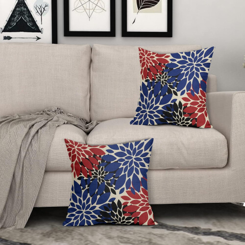 Conjunto de 2 capas de almofada com estampa de dálias em vermelho, azul e preto, 50x50cm (20x20 polegadas). 2