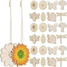 Set van 40 onafgewerkte houten knutselvormpjes met bloemen, insecten en paddenstoelen.