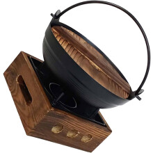 Japanisches Sukiyaki-Topfset aus Gusseisen mit Deckel und 16x16cm Aluminium-Holzfuß-Kocher (18cm)