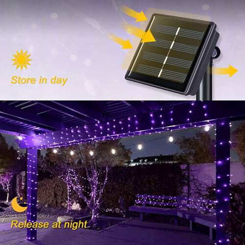 Solar lichtslinger met koperdraad, 100 LED's, 10 meter, paars 2