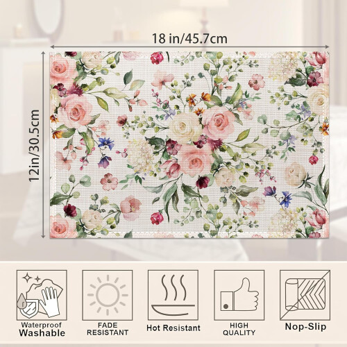 Set van 6 linnen placemats – Roze, witte roos en eucalyptus. 1