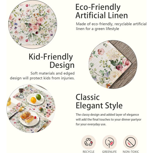 Set van 6 linnen placemats – Roze, witte roos en eucalyptus. 2