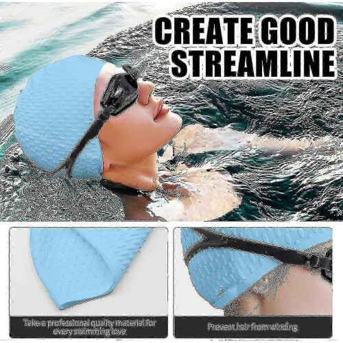 (Blue) Silicone Swim Cap,comfortable Bathing Cap Ideal For Curly Short Medium 2