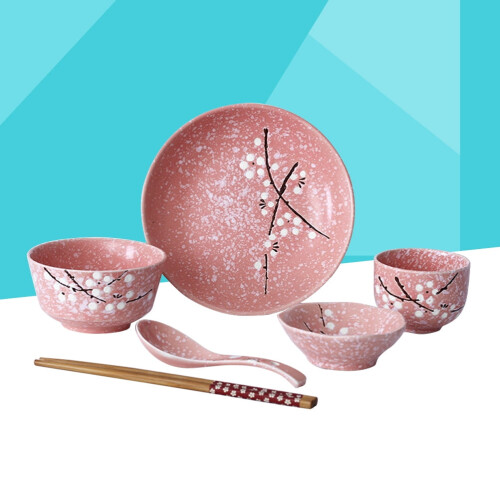 Japanese-style ceramic dinnerware set pink 6-piece 1