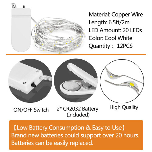 12 PCS LED Fairy String Lights Battery Operated, 20 LEDs 6.5Ft/2M Micro Copper Wire Lights 1