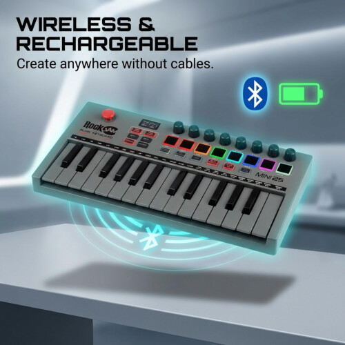 RockJam 25-Key Rechargeable USB MIDI Keyboard Controller – Mini Piano Keyboard with Velocity-Sensitive Pads, Synth Controller, Bluetooth/Wired MIDI, 1