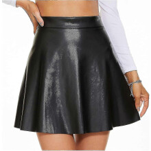 Women's Black Faux Leather Pleated Mini Skirt Classic High Waisted PU Skirt S-2X