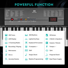 61 Key Electronic Keyboard Piano with Lighted up Keys,LCD,Headphones,X-Stand,Stool,Music Rest,Microphone,Note Stickers,Built-In Speakers,3 Teaching M