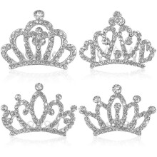 4PCS Silver Princess Crown Comb Rhinestone Crystal Tiara Headband Toddler Bride Hair Accessories for Birthday Party