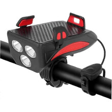 4 In 1 Bicycle Light With Horn Mobile Phone Charger Rechargeable Battery Handlebar Headlight With 3 Lighting Modes And 5 Sounds(red Black)(1pcs)