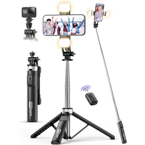 Asta per selfie da 53" con treppiede, 2 luci e telecomando, supporto per telefono