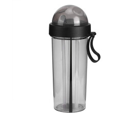 Garrafa de água de 600ml com dois compartimentos e dois canudos.