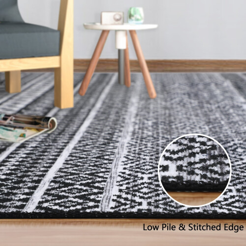 Boho Area Rug Chenille Round 4 x 4 Ft Black White 1