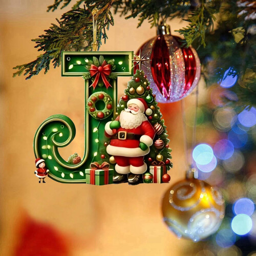 Green Personalized Christmas Initial Ornament with Santa 2