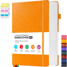 Quaderno/diario in pelle formato B5, 320 pagine a righe, colore arancione.