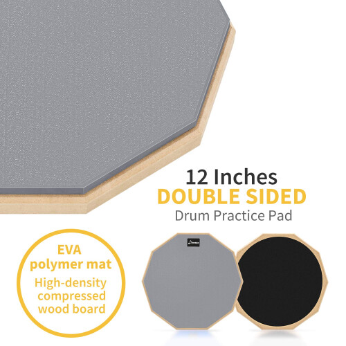 Donner Drum Practice Pad Kit, Double-Sided 12" Pad, Drumsticks, Adjustable Stand Fits 10''-14'' Drums 2