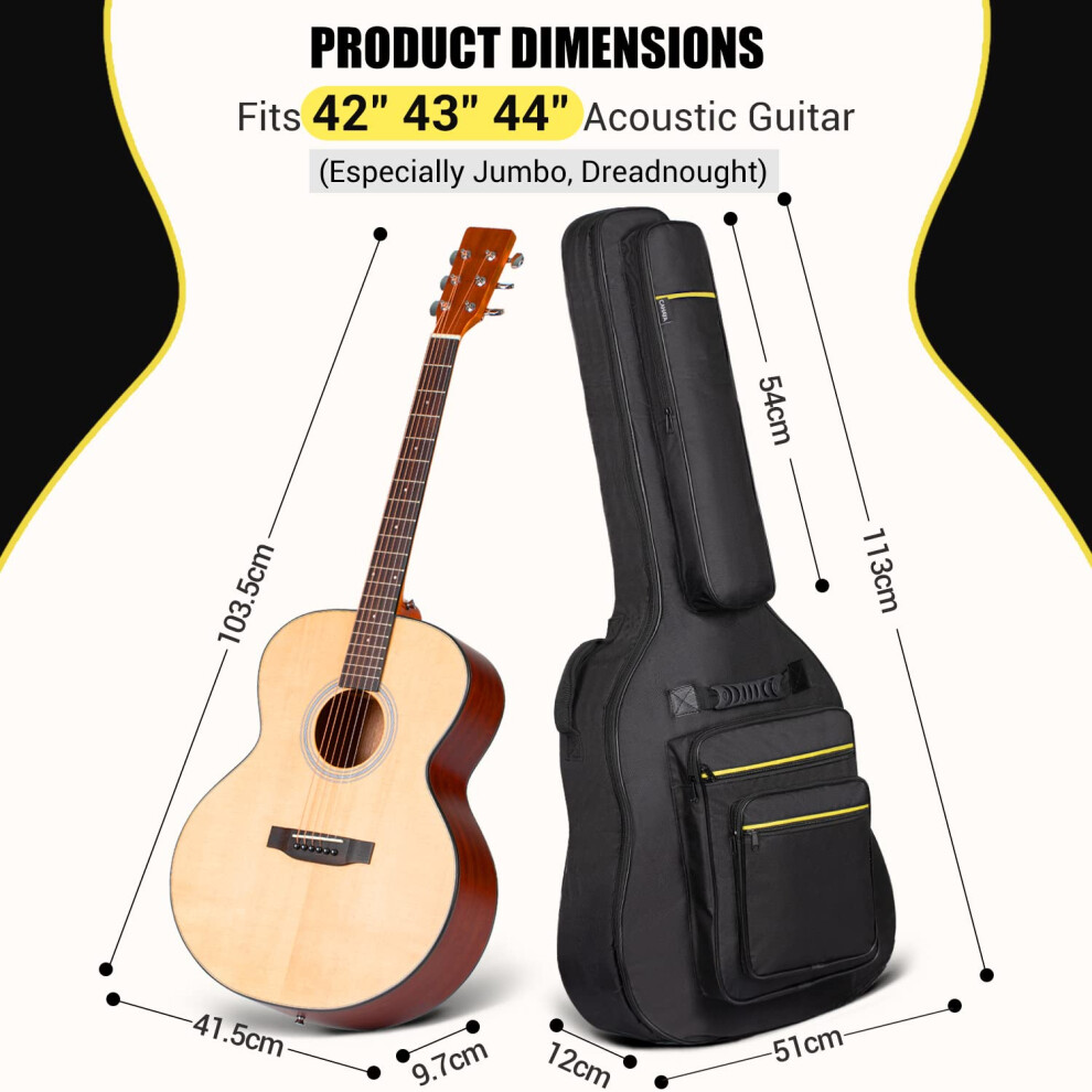 CAHAYA Jumbo Dreadnought Guitar Bag Fit 42/43/44 Inch Acoustic Guitar Guitar Case Gig Bag, Black with Yellow Stripes, Model CY0284