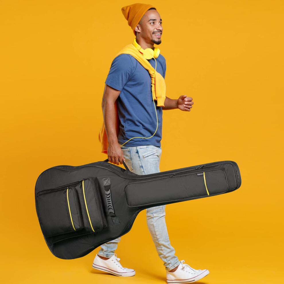 CAHAYA Jumbo Dreadnought Guitar Bag Fit 42/43/44 Inch Acoustic Guitar Guitar Case Gig Bag, Black with Yellow Stripes, Model CY0284